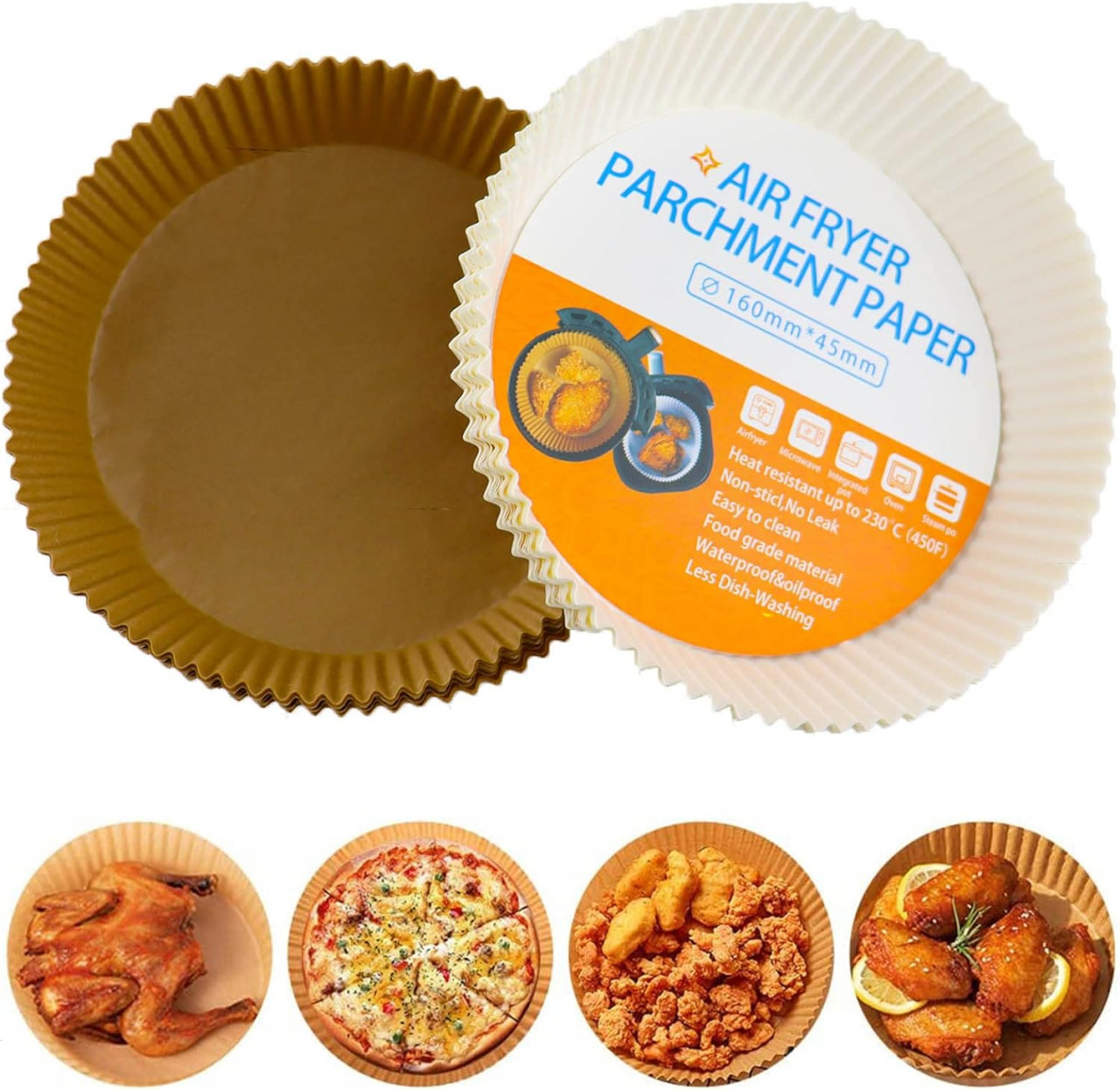 Set 100 hartii de copt pentru friteuza cu aer Kuaikely, maro/alb, 20 x 16 x 4,5 cm