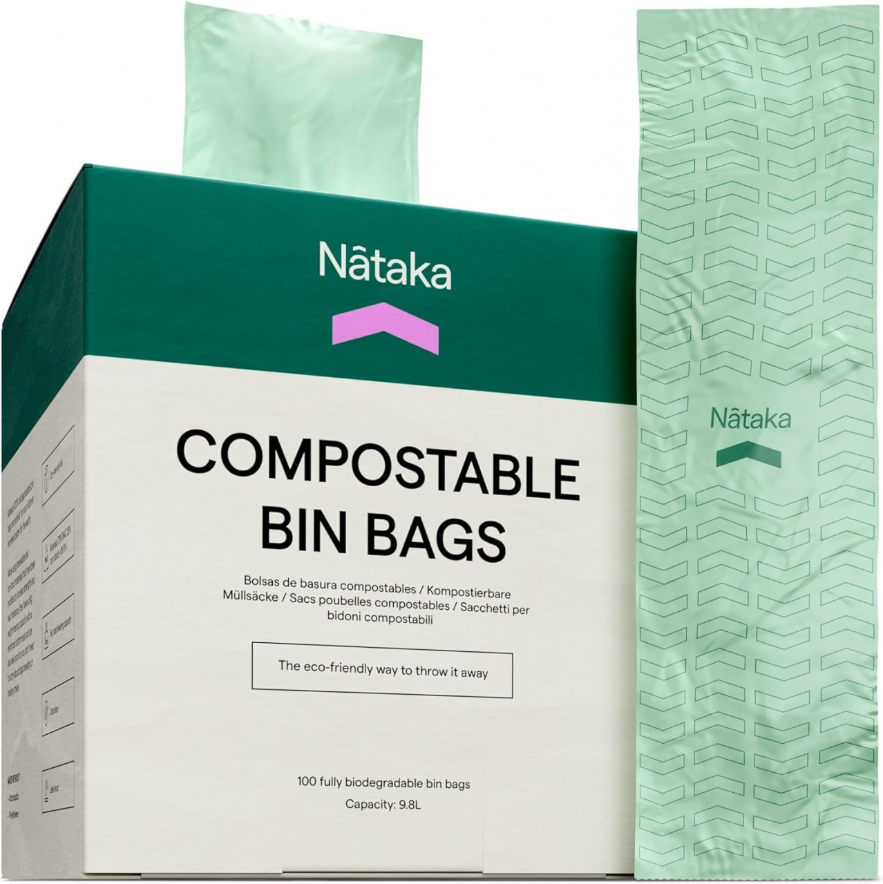 Set 100 saci de gunoi biodegradabili Nataka, verde, material compostabil, 9,8 L