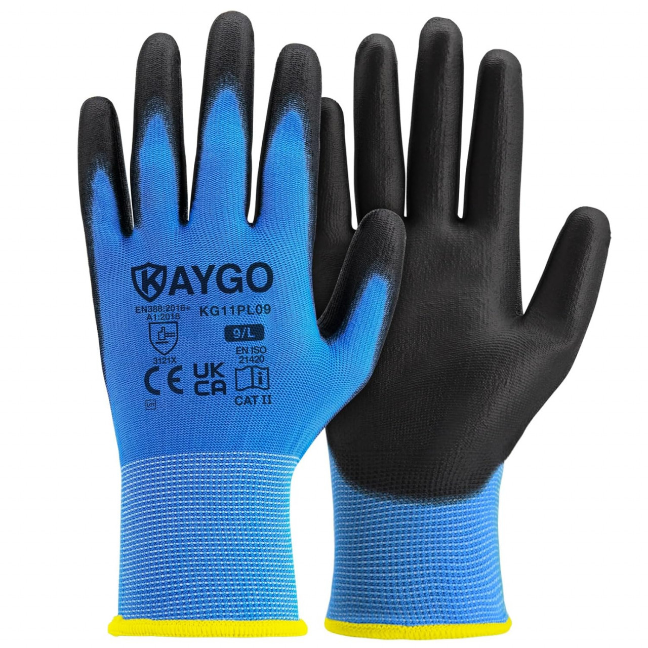 Set 12 perechi manusi de lucru KAYGO, bumbac/poliuretan, negru/albastru/galben, marimea XXL
