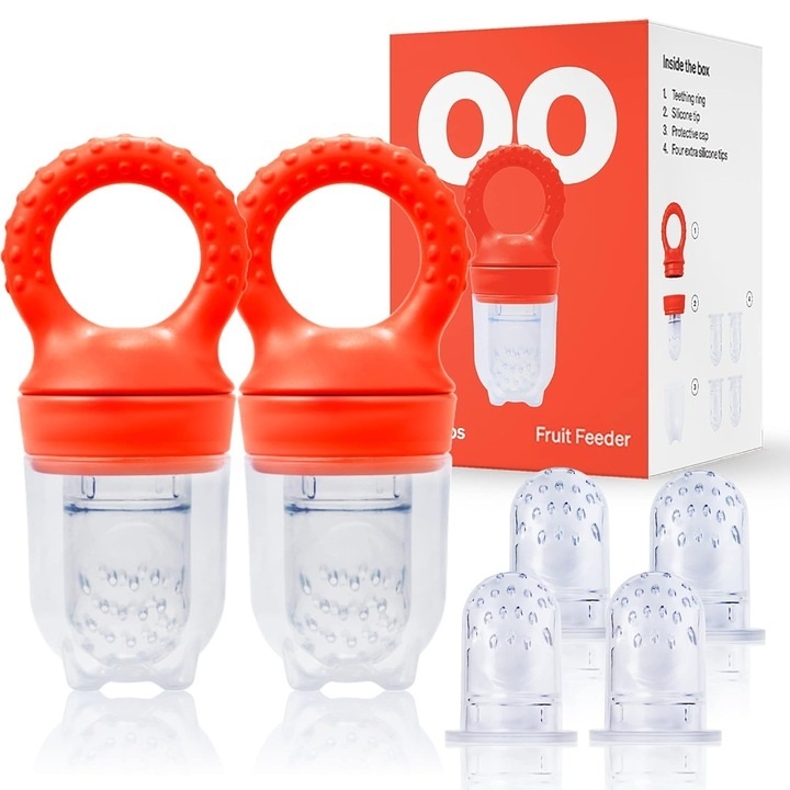 Set 2 Suzete pentru fructe si legume Love Noobs, fara BPA, inel dentitie, rosu, cu 4 tetine suplimentare, resigilat