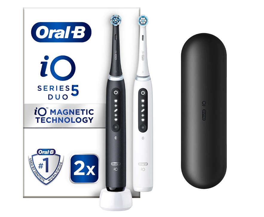Set 2 x Periuta de dinti electrica Oral-B iO5 cu Tehnologie Magnetica si Micro-Vibratii, Inteligenta artificiala, Display conversational, Senzor de