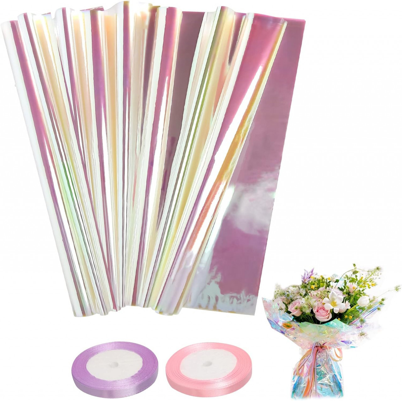 Set 20 coli de folie pentru ambalat si 2 role de panglica Caincay, plastic, multicolor