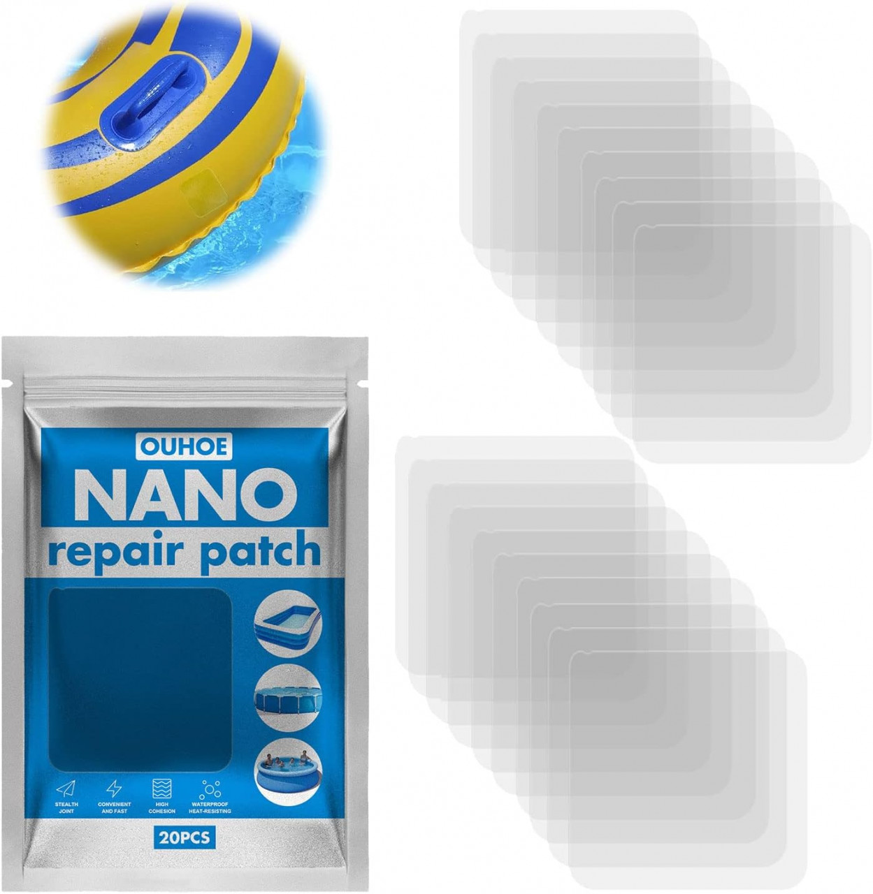Set 20 de plasturi adezivi pentru reparatii piscine YeahBoom, PVC, transparent, 5.8 x 5.8 cm