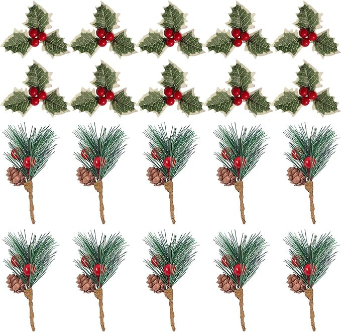 Set 20 ramuri de copac artificiale pentru Craciun, plastic, maro/verde/rosu