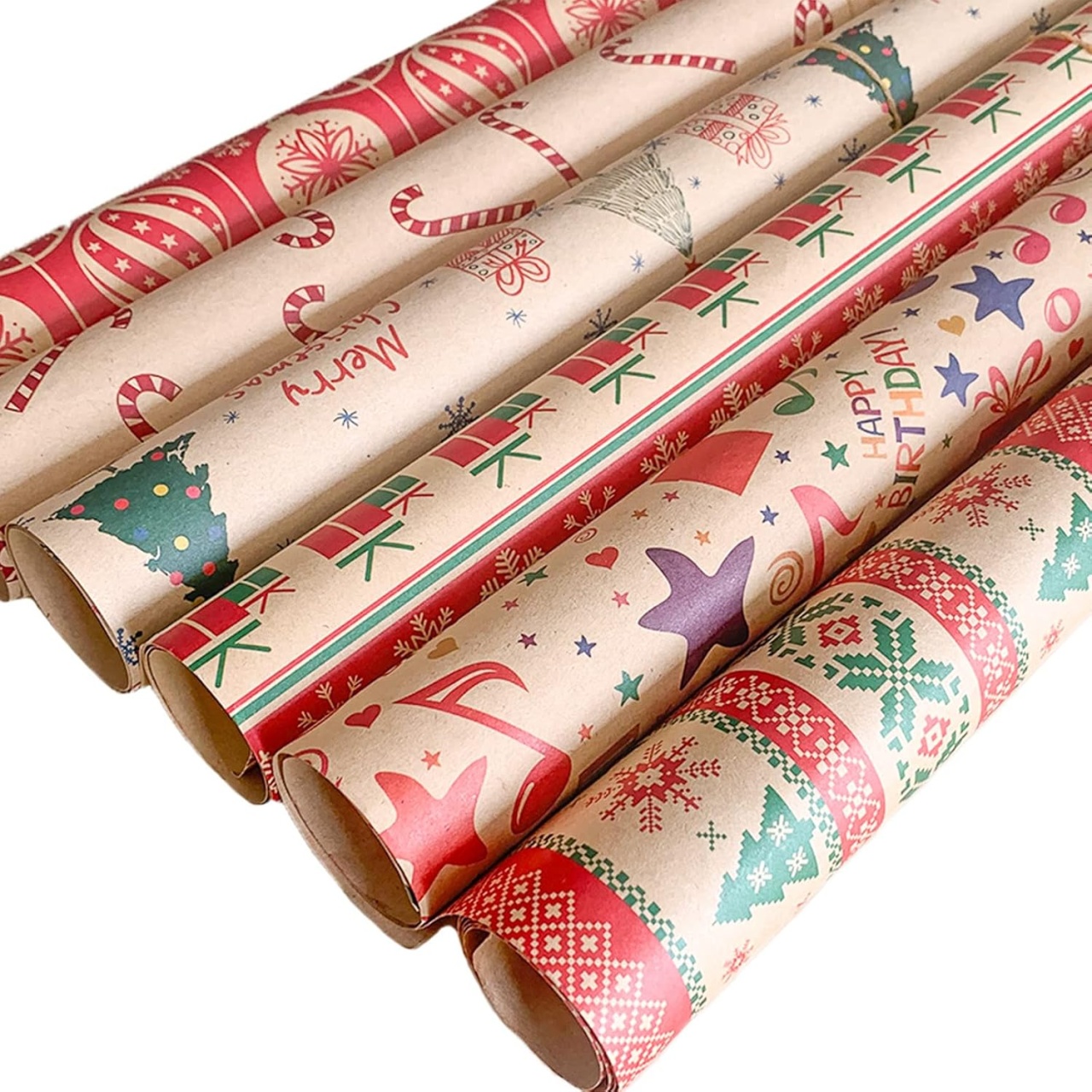 Set 6 role hartie de impachetat pentru Craciun Keelyy, multicolor, 70 x 50 cm