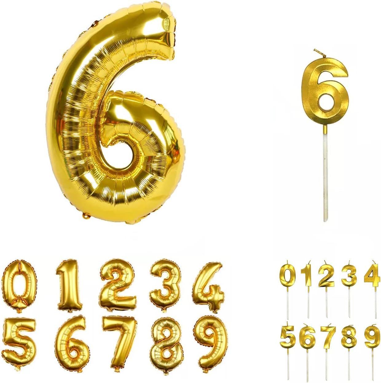 Set aniversar cu balon si lumanare pentru 6 ani REVIBOS, folie/ceara, auriu, 100 cm / 12,5 x 3,5 cm
