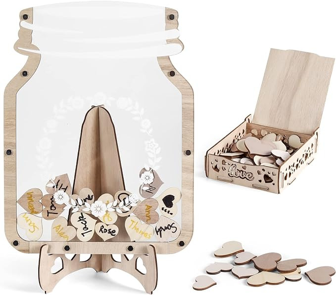 Set carte de oaspeti si 50 inimi de lemn pentru nunta Cranight ,lemn, natur, 40x30 cm/30x15m