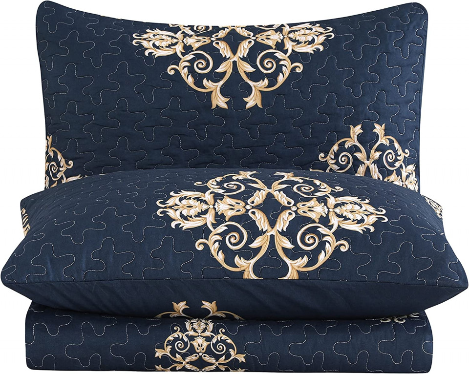 Set cuvertura de pat si 2 fete de perna VIVILINEN, poliester/bumbac, albastru inchis/alb/auriu, 170 x 210 cm 170 imagine noua