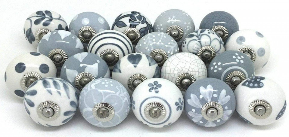 Set de 10 manere pentru dulapuri/sertare Handicraft India, ceramica, gri/alb, 38 x 50 mm