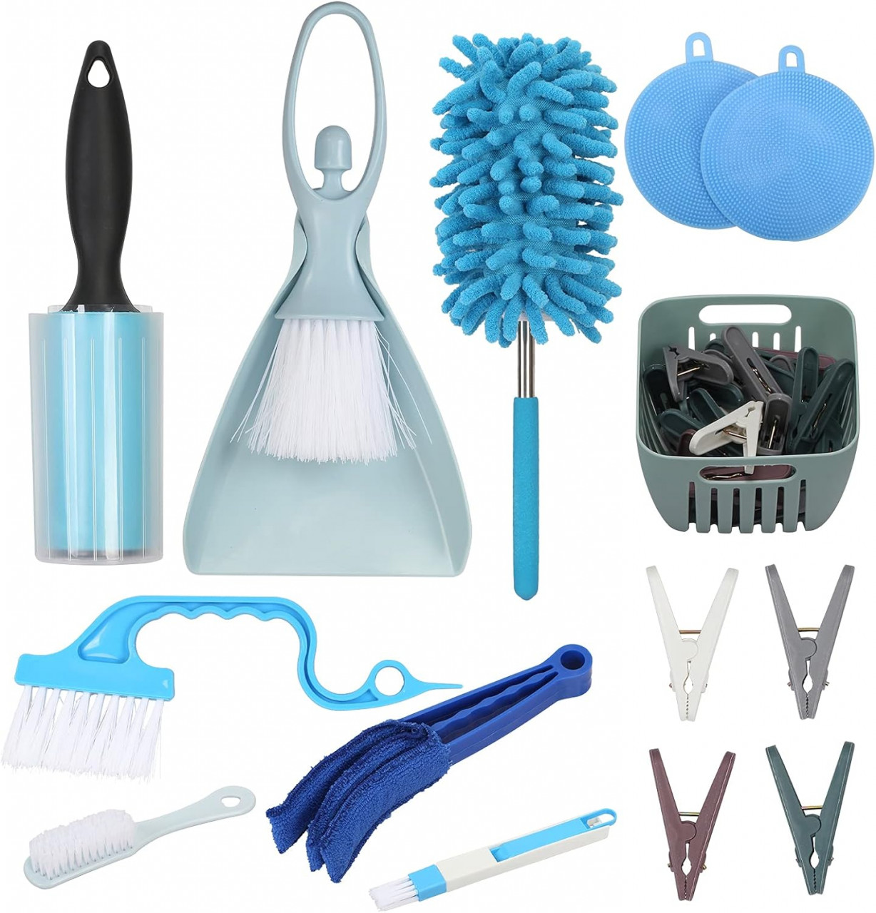 Set de 10 piese pentru curatenie Hakotom, plastic, albastru/alb