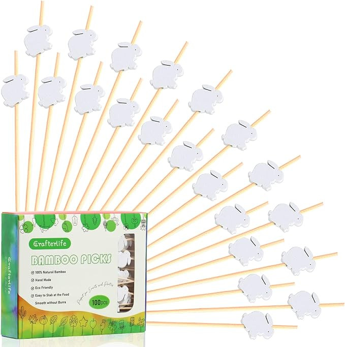 Set de 100 scobitori cu iepurasi, bambus, alb, 12 cm