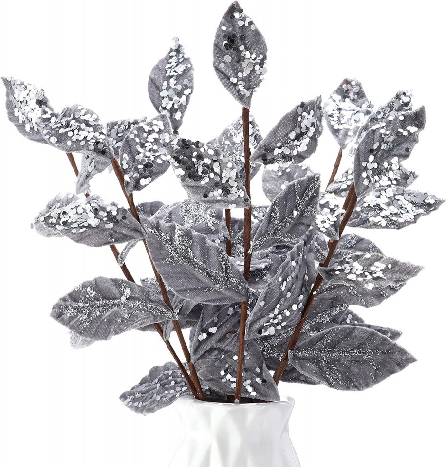 Set de 15 crengute cu frunze decorative Geosar, metal/matase, gri/argintiu, 34 x 10 cm Artificiale imagine noua