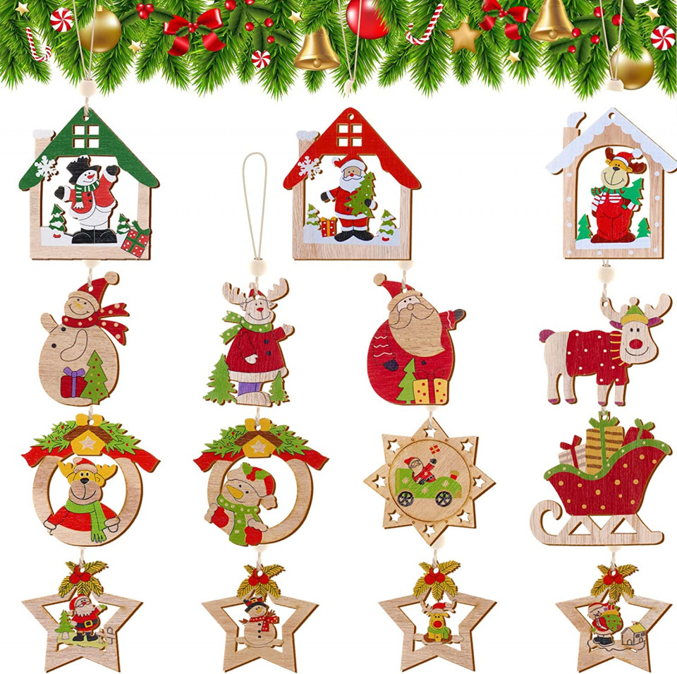 Set de 15 ornamente de Craciun Weysoo, lemn, multicolor
