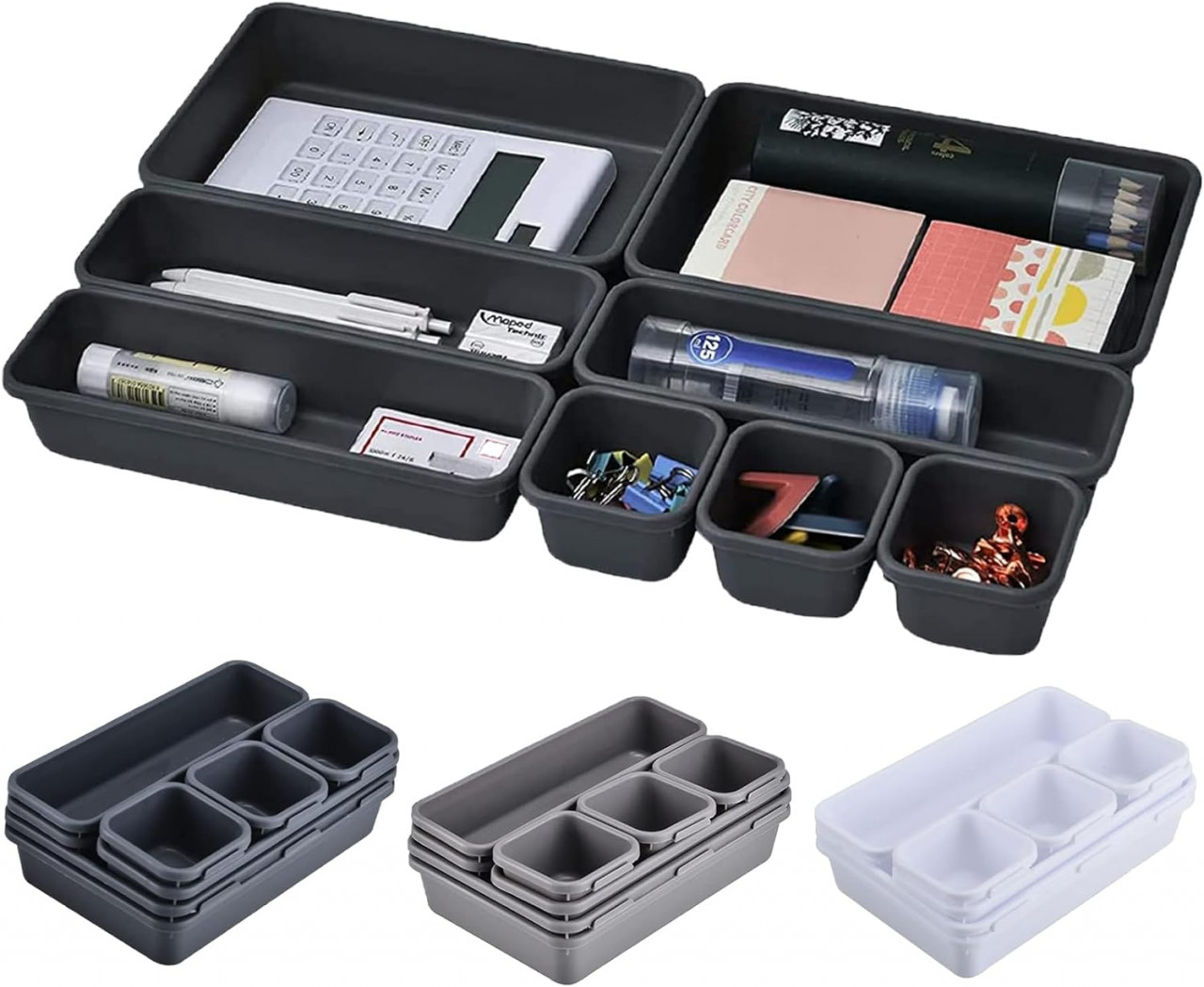 Set de 16 cutii organizatoare Booaee, plastic, gri inchis