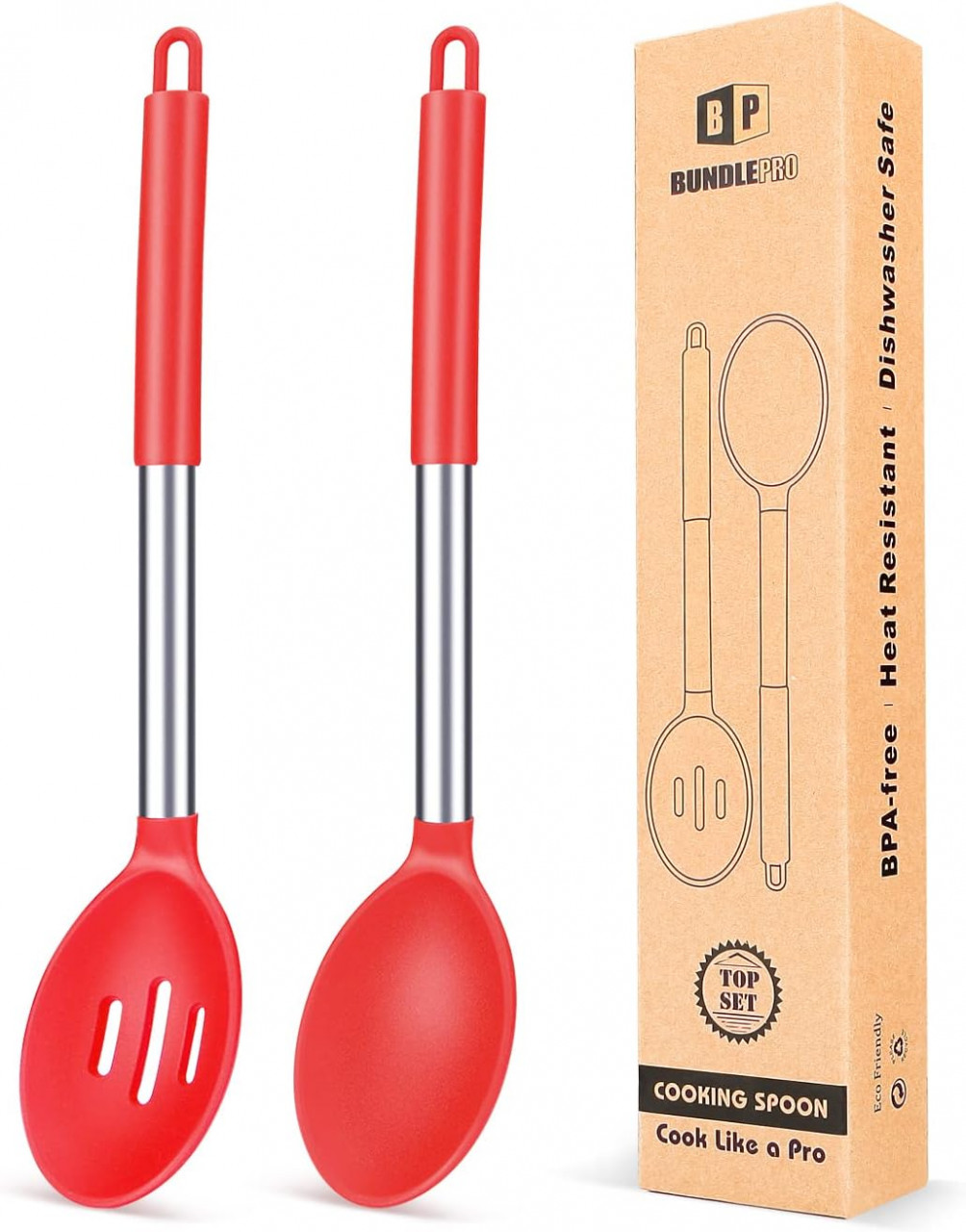 Set de 2 linguri pentru gatit BUNDLEPRO, otel inoxidabil/silicon, rosu/argintiu, 34 x 7 cm