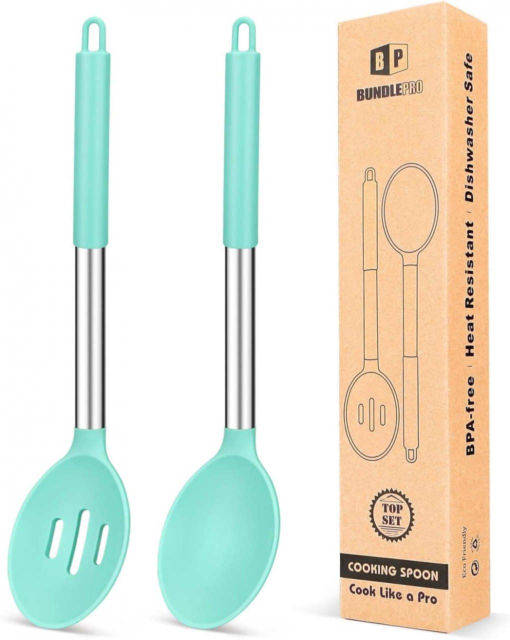 Set de 2 linguri pentru gatit BUNDLEPRO, otel inoxidabil/silicon, argintiu/albastru deschis, 7 x 34 cm