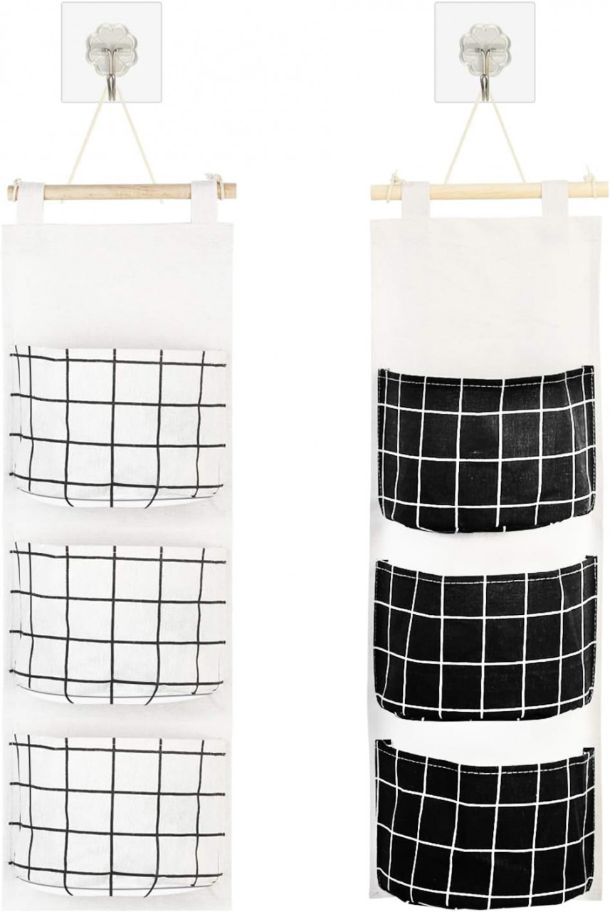 Set de 2 organizatoare de perete KATOOM, textil/lemn, culoare, alb/negru, 62,8 x 21, 8 cm