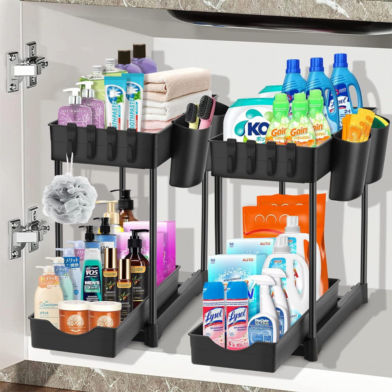 Set de 2 organizatoare icyant, plastic, negru, 39 x 18,5 x 36 cm