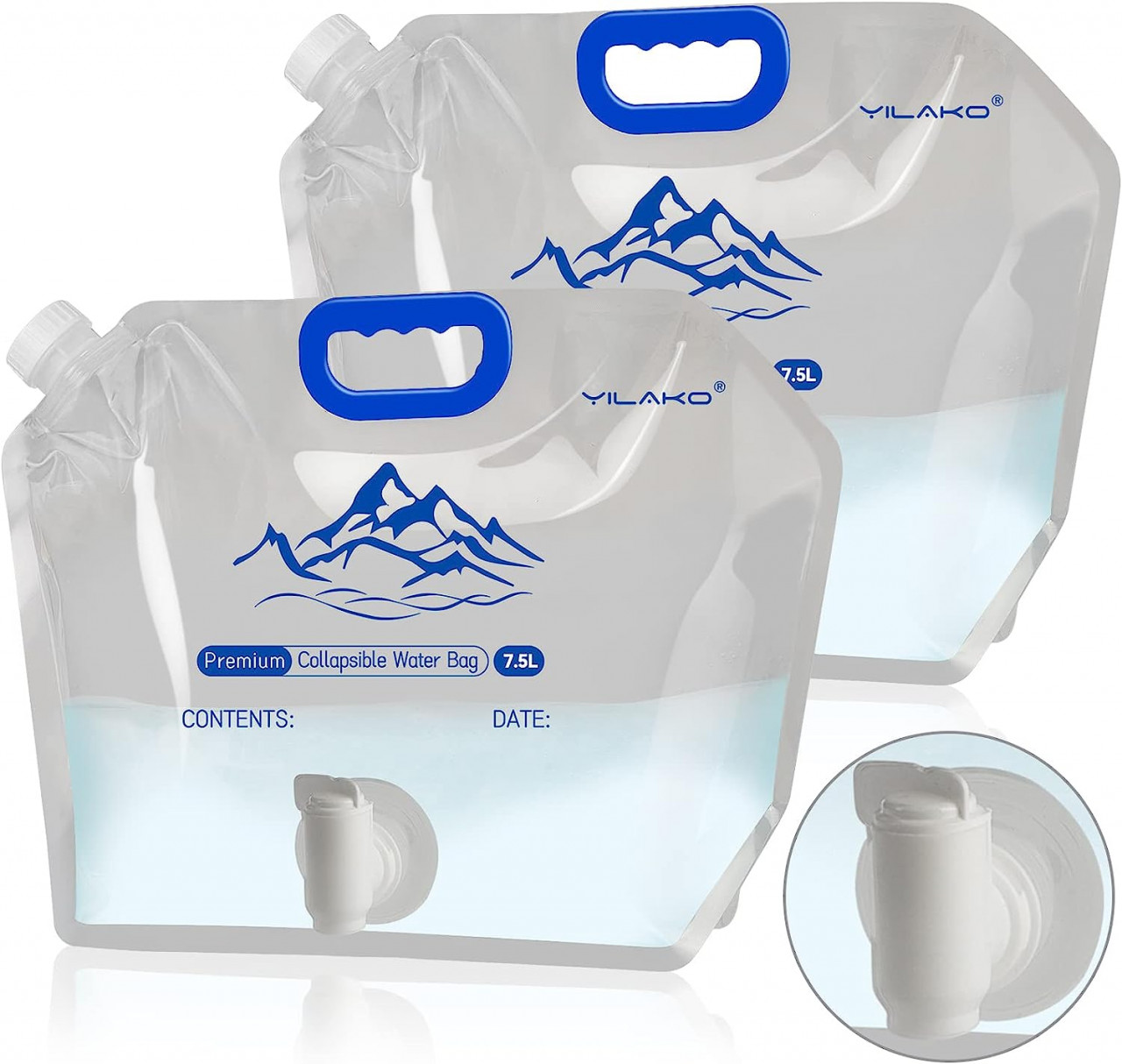 Set de 2 pungi de apa cu robinet Yilako, plastic ecologic, alb/albastru, 7,5 l