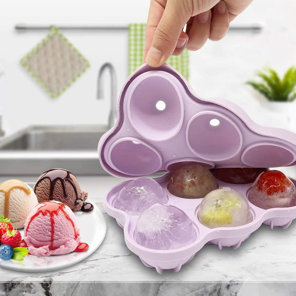 Set de 2 tavi pentru cuburi de gheata sferice Theuwnee®, silicon, mov, 18,5 x 14 cm