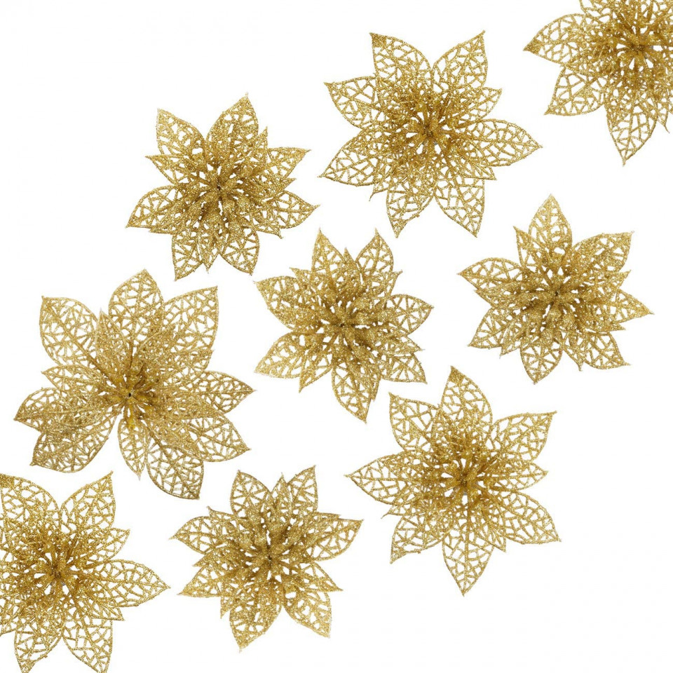 Set de 24 flori artificiale Naler, auriu, plastic, 8 cm / 10 cm / 15 cm