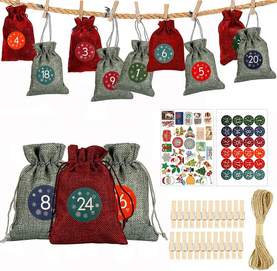 Set de 24 saculeti si 56 autocolante pentru calendarul de advent Tenwo, in/PVC, multicolor, 9 x 13 cm