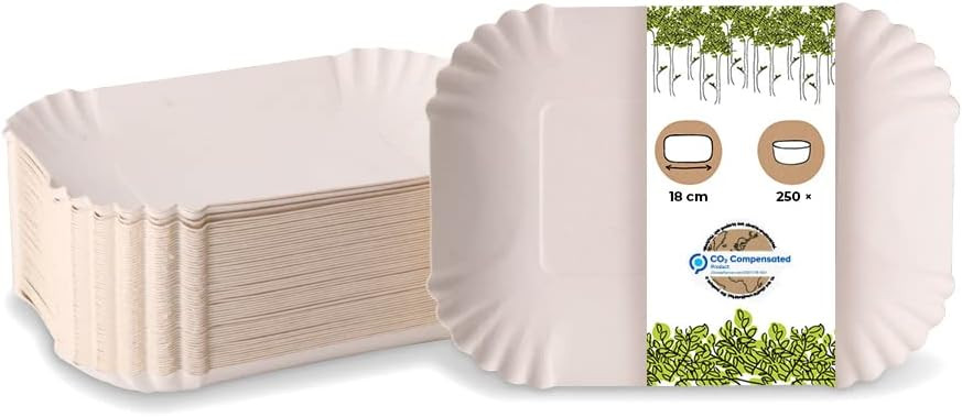 Set de 250 platouri de servire de unica folosinta BIOZOYG, hartie, alb, 18 x 13 x 3 cm
