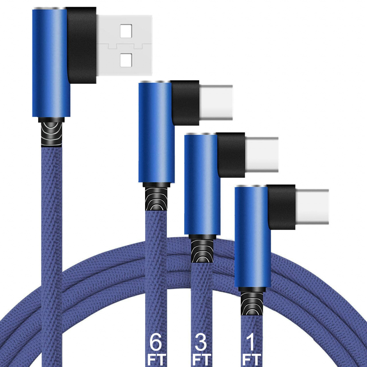 Set de 3 cabluri de Date si Incarcare Rapida Unidopro, USB la Type-C, unghi 90 grade, Compatibil iPhone 15/15 Pro, Samsung, Huawei, albastru,