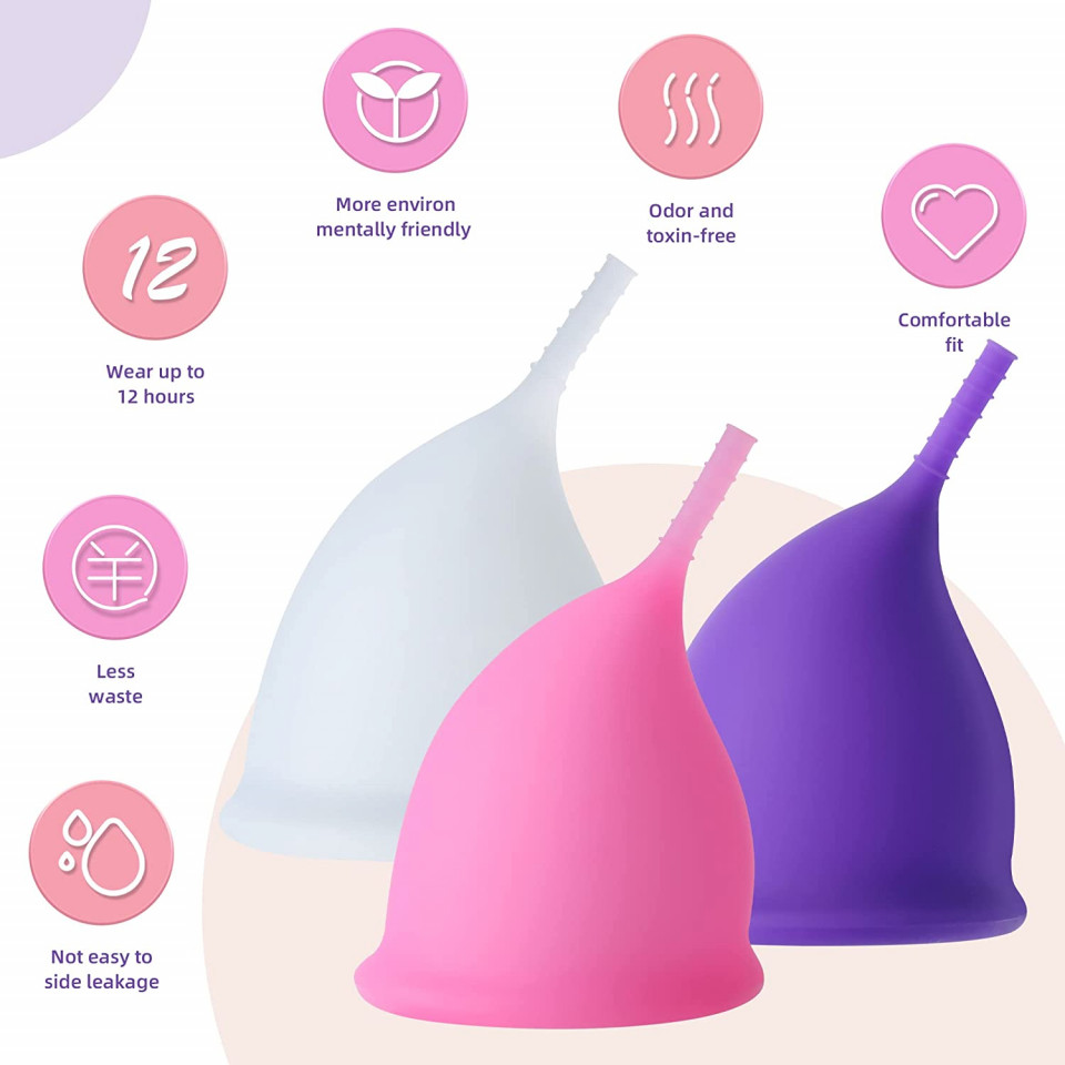 Set de 3 cupe menstruale TimesGate, silicon, roz/alb/mov, 66 x 48 mm