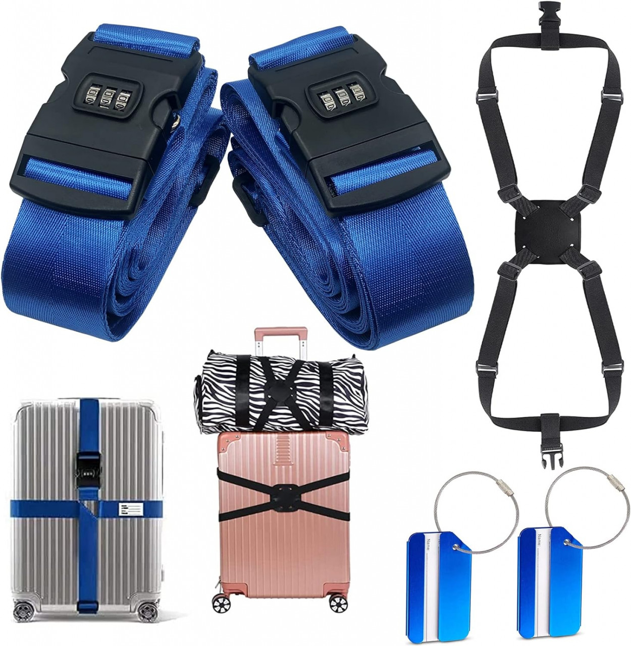 Set de 3 curele si 2 etichete pentru bagaje Nsvepon, plastic/poliester, albastru/negru