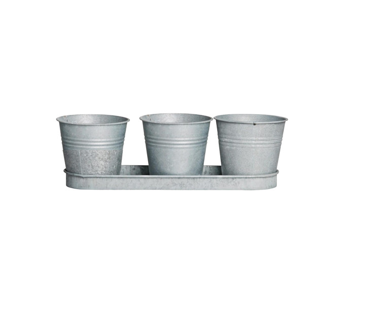 Set de 3 ghivece si o tava Cina, metal, argintiu, 33 x 11 x 11 cm