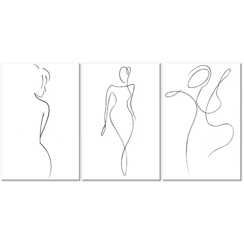 Set de 3 tablouri „Siluete” Ebern Designs, panza/lemn masiv, alb/negru, 60 x 120 cm