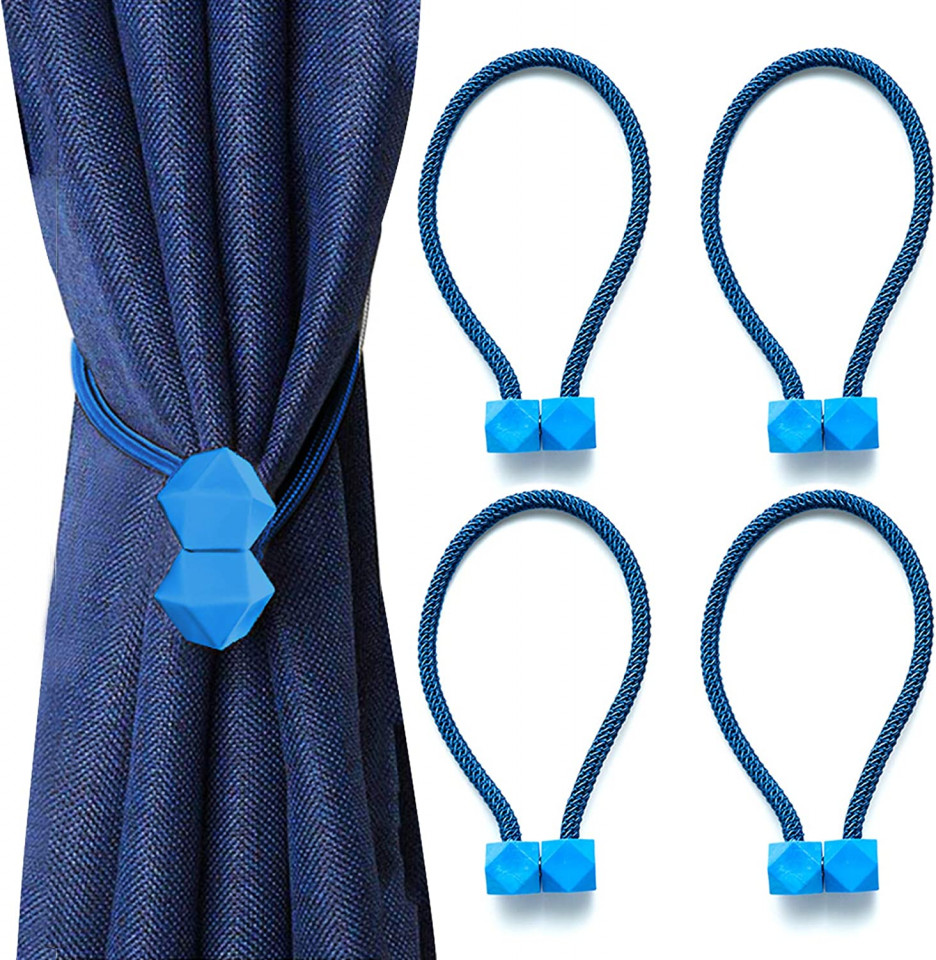 Set de 4 curele magnetice pentru perdele Hohaoo, metal/poliester, albastru deschis, 45 cm Albastru
