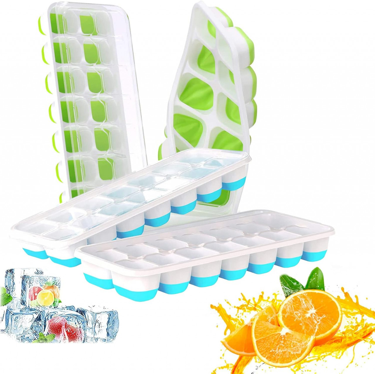 Set de 4 forme cu capac pentru cuburi de gheata MufHomse, silicon/polipropilena, alb/albastru/verde, 25,1 x 9,9 x 3 cm