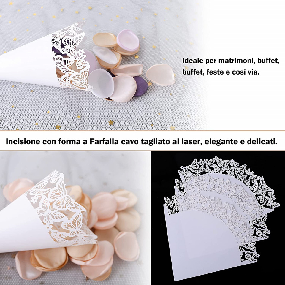 Poze Set de 50 conuri pentru nunta Wolfteeth, alb, hartie, model fluture, 14 x 14 cm
