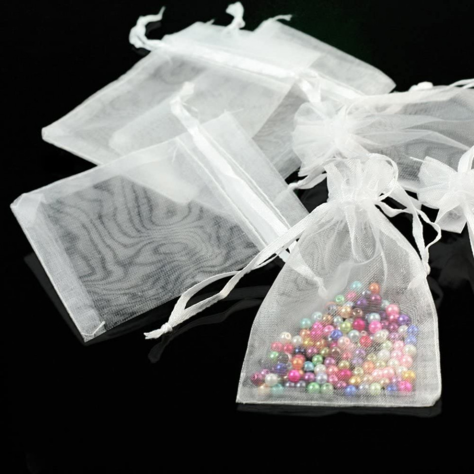 Set de 50 de saculeti pentru dulciuri/bijuterii, organza, alb, 7,1 x 8,8 cm