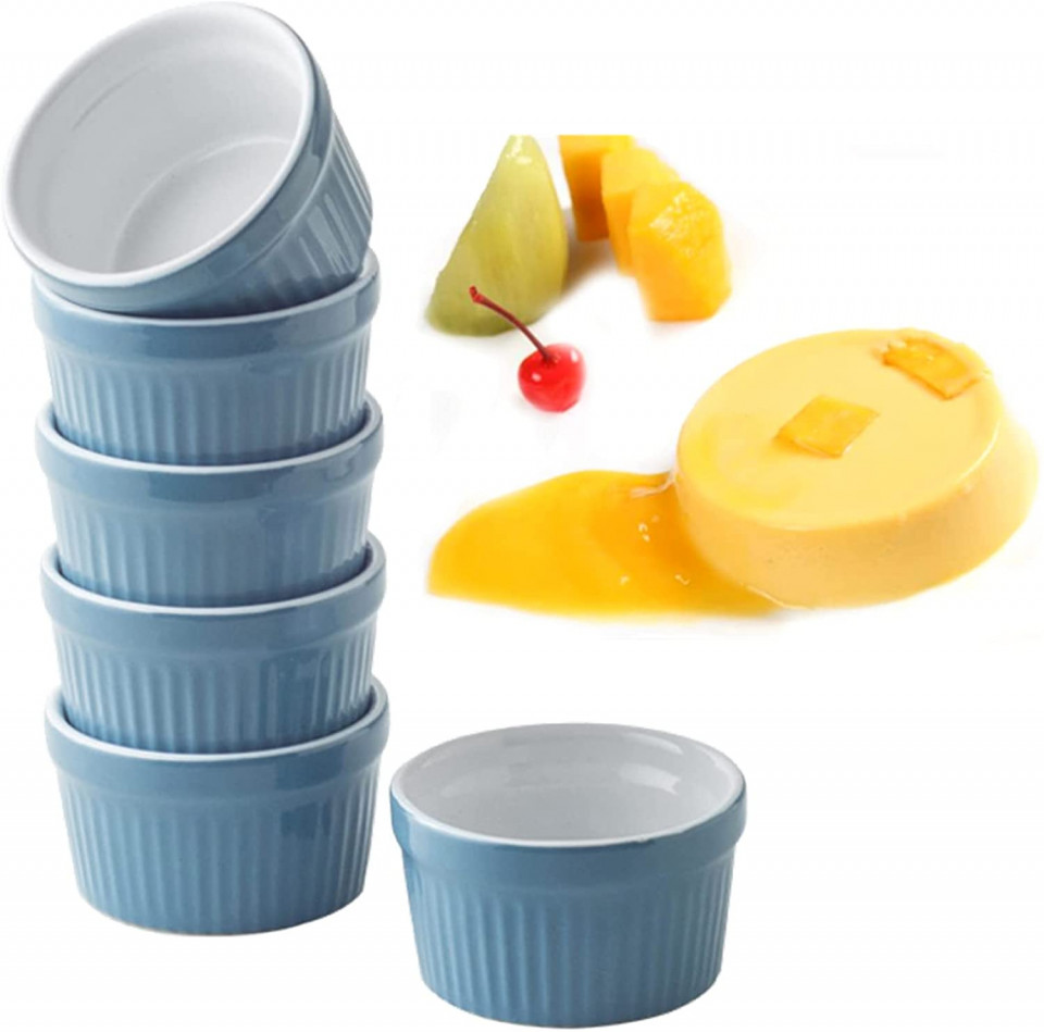 Set de 6 forme pentru sufleu Deyiis, ceramica, alb/albastru, 4 x 7 cm, 60 ml