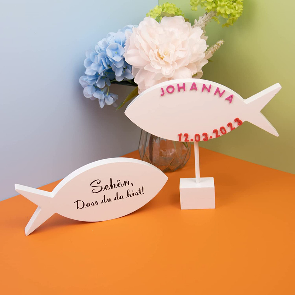 Set de 61 decoratiuni in forma de peste si 2 coli cu autocolante pentru botez ANYUNKEY, alb/albastru, lemn, 21 x 19 cm / 4,5 cm