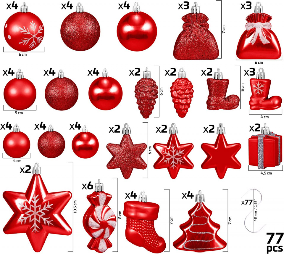 Poze Set de 77 globuri de Craciun Brubaker, rosu/argintiu, plastic, 4 - 10,5 cm