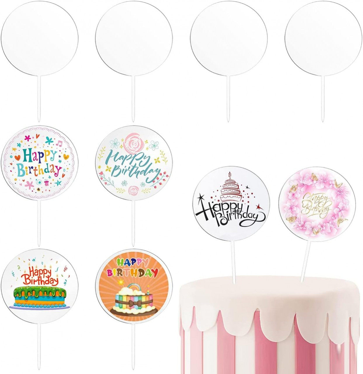 Set de 8 decoratiuni pentru tort Miotlsy, acrilic, transparent, 10 x 16 cm