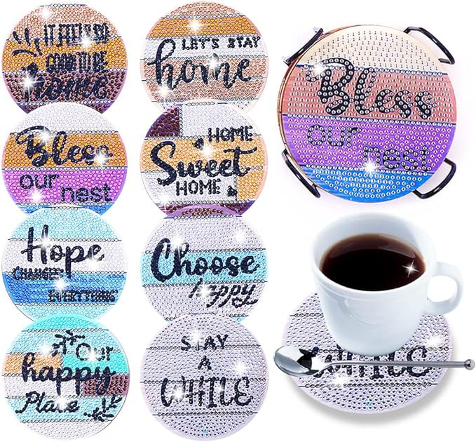 Set de 8 suporturi cu diamante DIY Diamond Coaster, metal/rasina, multicolor, 3,94 x 3,94 x 0,25 cm