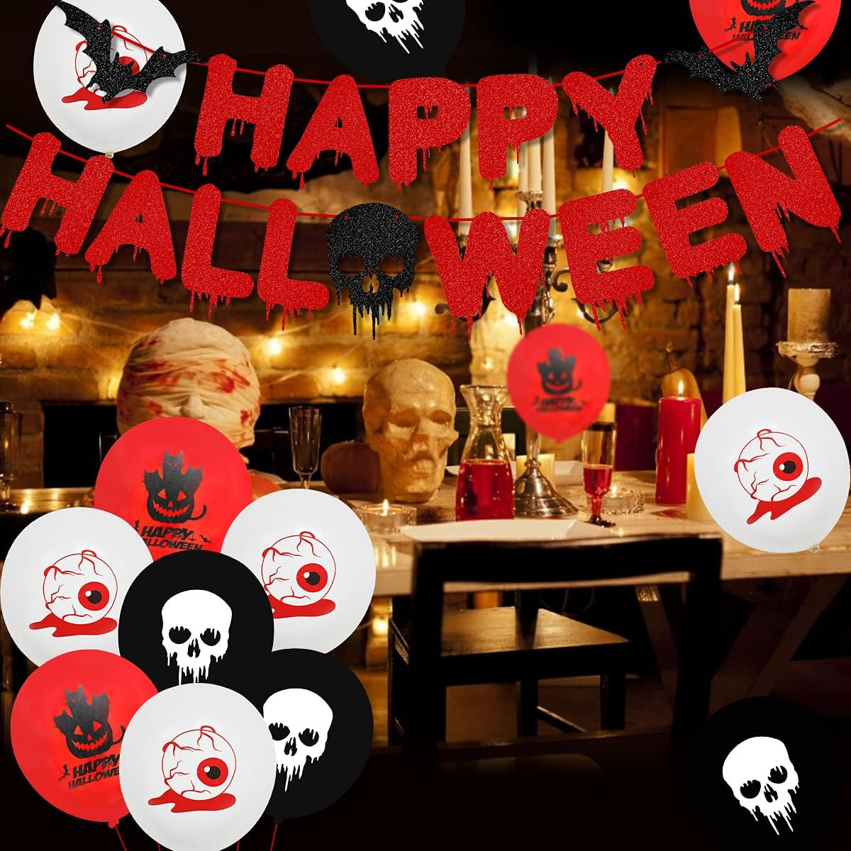 Poze Set de banner si 15 baloane pentru Halloween Tomicy, latex/hartie, rosu/negru/alb