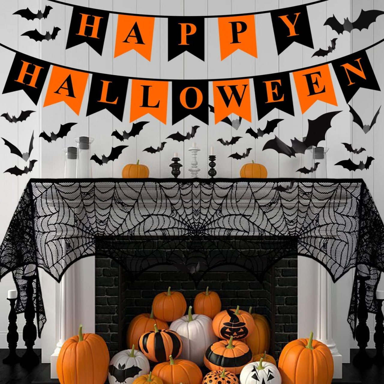 Set de decoratiuni pentru Halloween Jaodfk, PVC/textil, negru/portocaliu, 62 piese