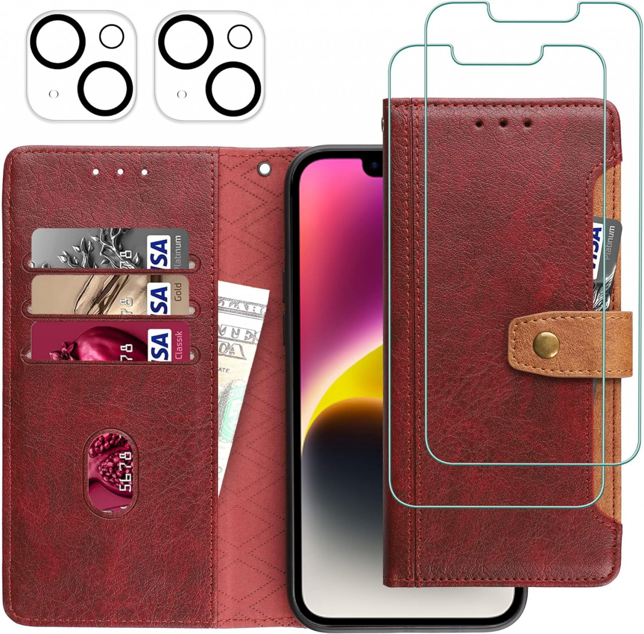 Set de husa cu 2 folii de protectie ecran si 2 pentru camera compatibil cuIPhone 14 Gimane, piele PU/sticla securizata, rosu, 6,1 inchi