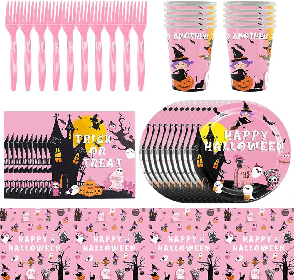 Set de masa pentru Halloween Hilloly, hartie/plastic, roz, 51 piese