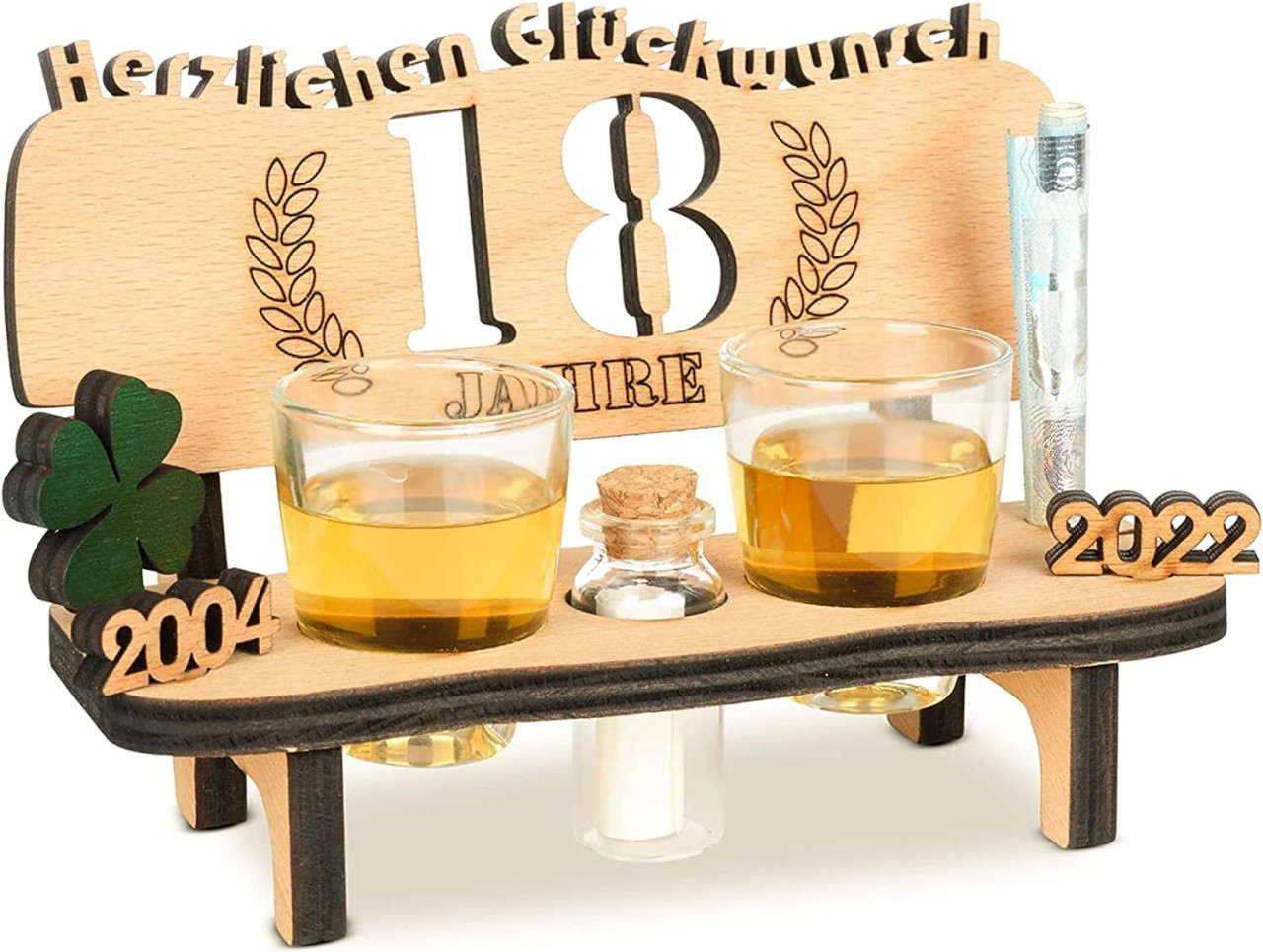 Set de pahare si banca cu gravura eleganta pentru aniversare 18 ani Brynnberg, lemn/sticla, natur/transparent