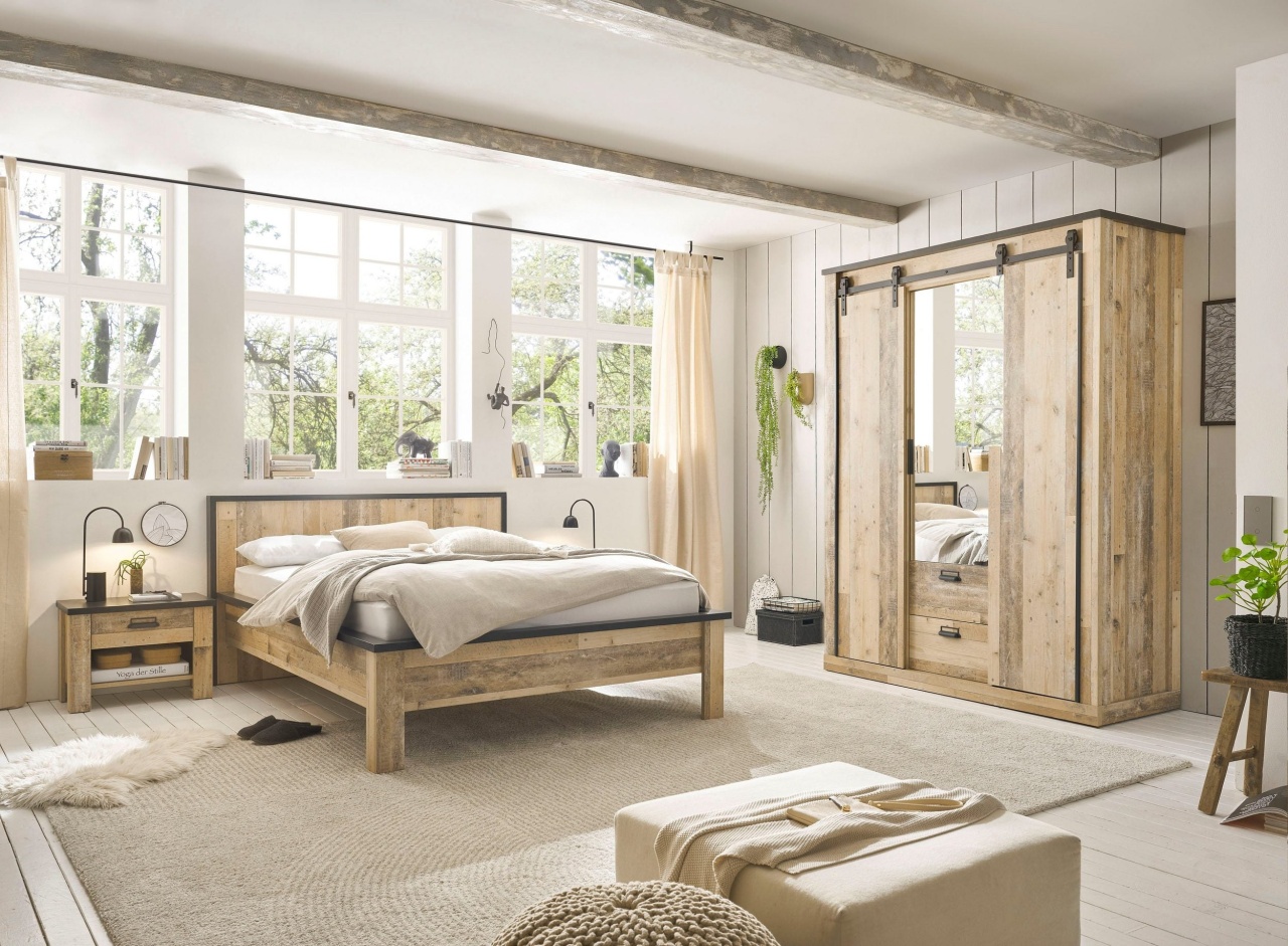 Set dormitor Sherwood, 4 piese, 180x200 cm, PAL melaminat, dulap cu uși glisante, 2 noptiere, stil rustic modern
