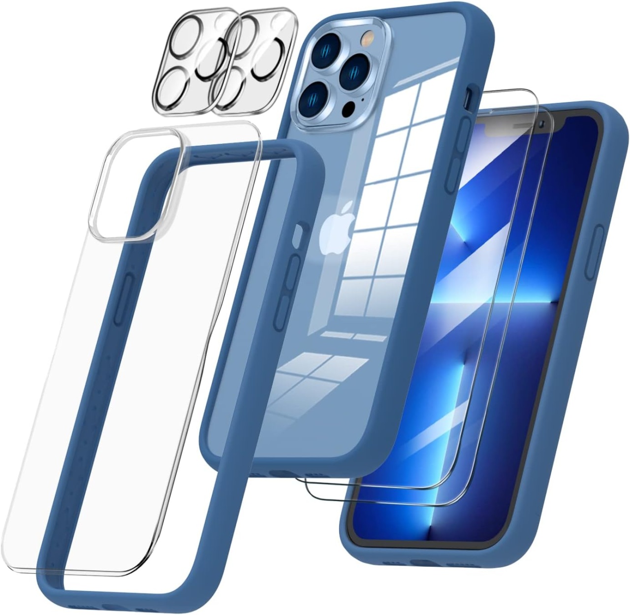 Set husa, 2 folii pentru camera, 1 folie spate si 2 pentru ecran compatibile cu iPhone 13 Pro Max Ornarto, silicon/sticla securizata, albastru