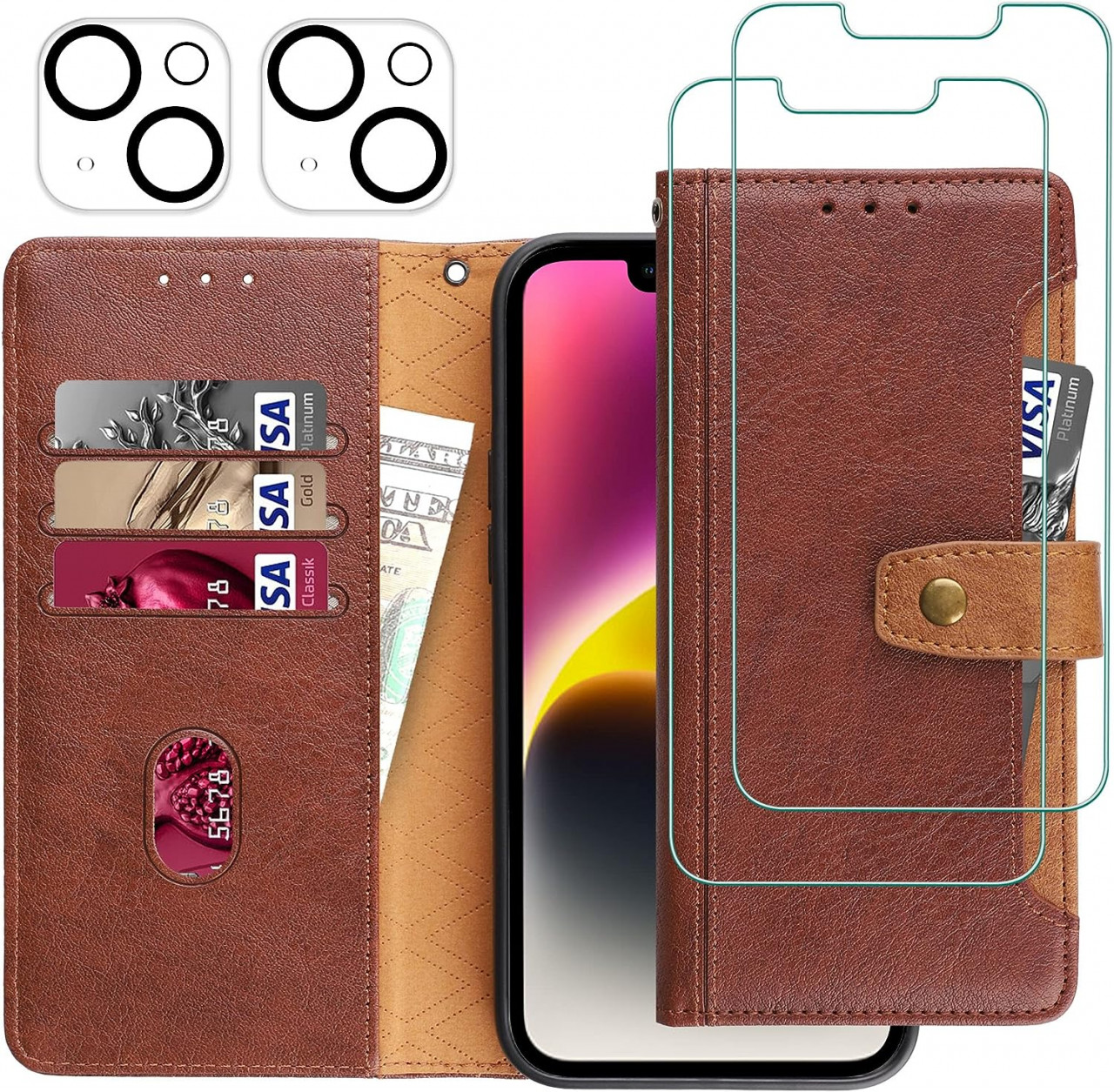 Set husa cu 2 folii de protectie ecran si 2 pentru camera compatibil cu iPhone 14 Gimane, piele PU/sticla securizata, maro, 6,1 inchi