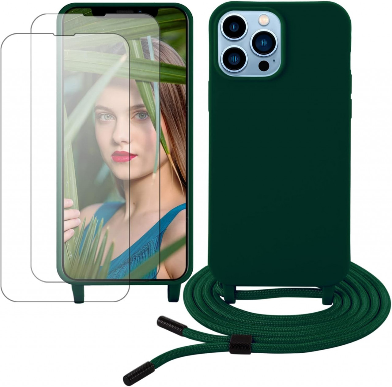 Set husa de protectie cu snur si 2 folii pentru iPhone 13 Pro Max Gumo, TPU/poliester/sticla securizata, verde inchis/transparent, 6,7 inchi